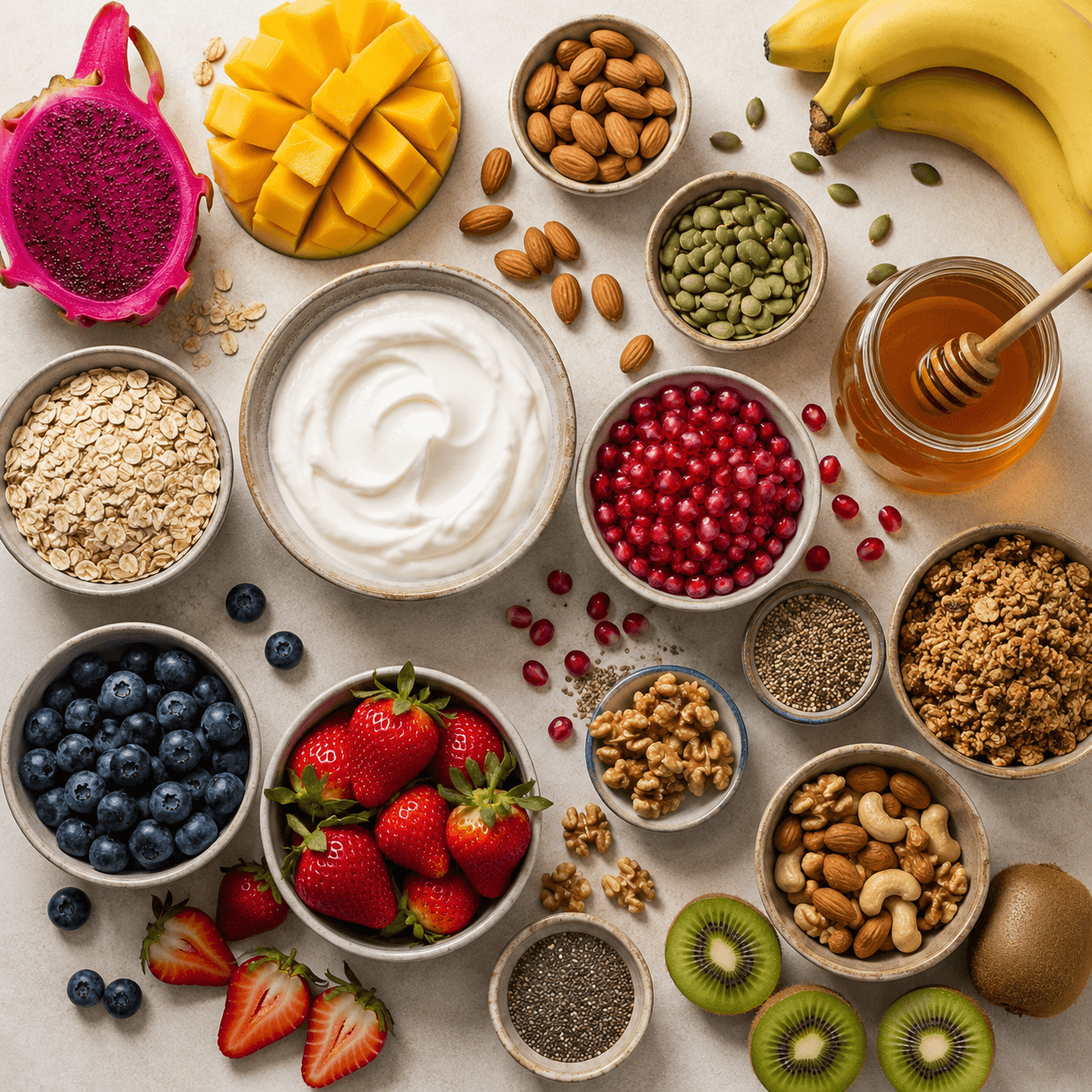 Fresh ingredients used in Nutravoe bowls: yoghurt, berries, mango, nuts, and honey