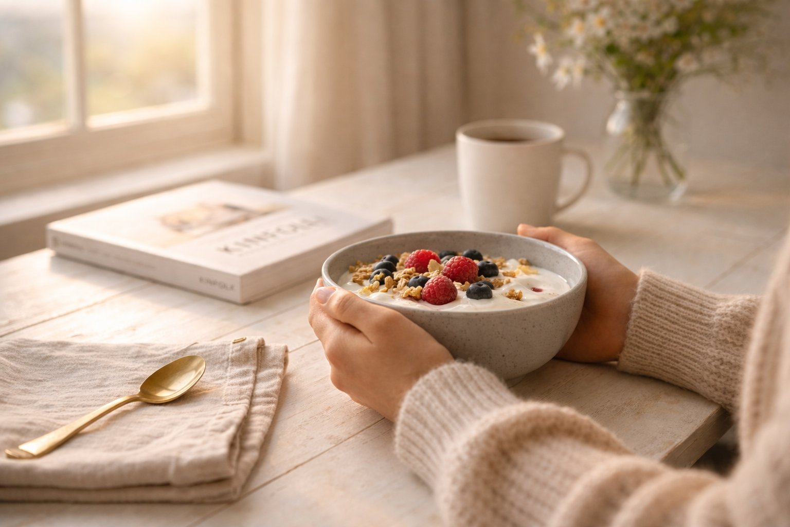 Peaceful morning breakfast moment with Nutravoe yogurt bowl