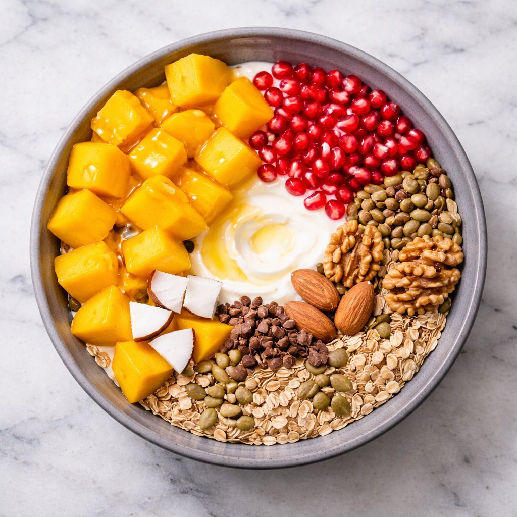 Tropical Mango Bowl with fresh mango, pomegranate, coconut and grapes