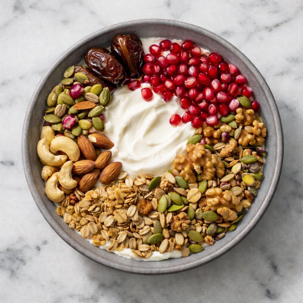 Very Nutty Bowl with dates, pomegranate, and mixed nuts